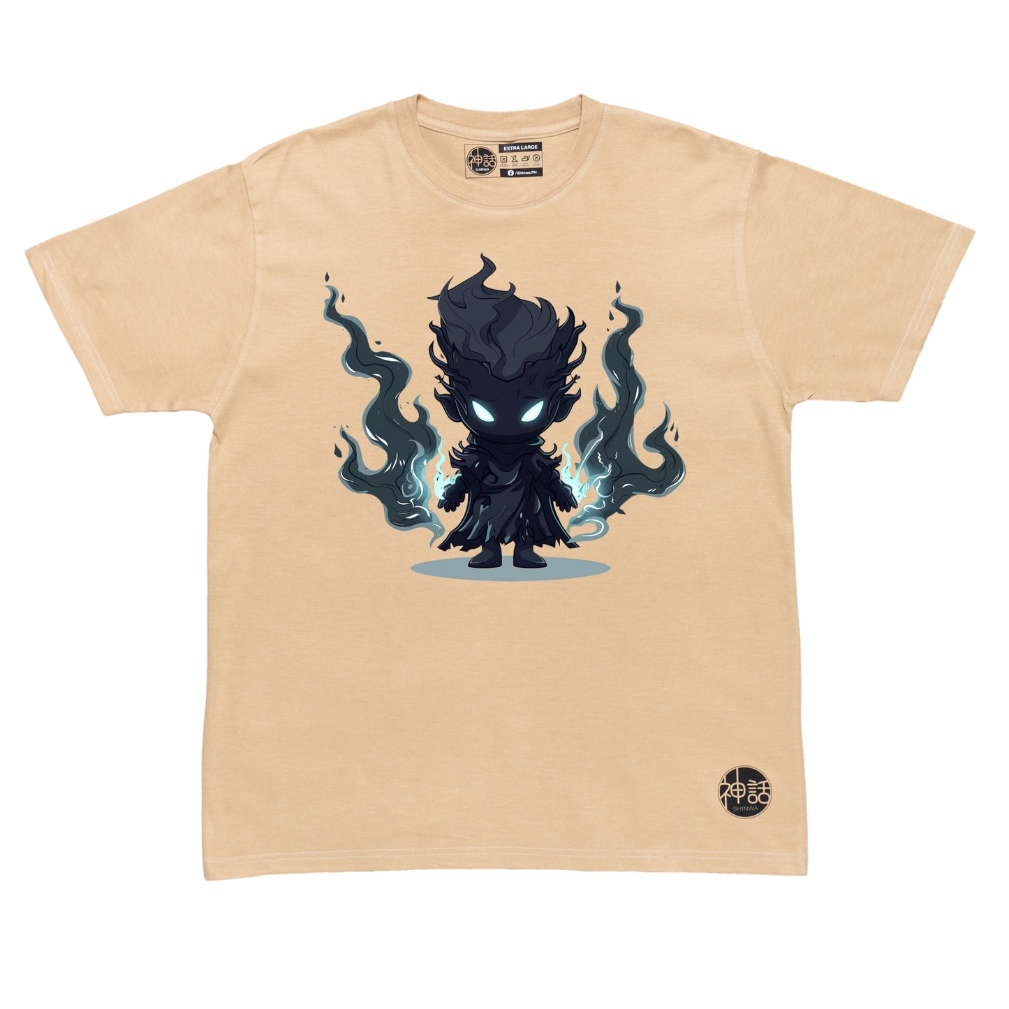 chibi hades with black flames on both hands in beige t-shirt by Shinwa, streetwear brand from the Philippines