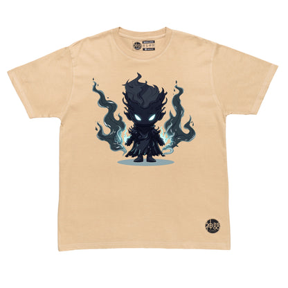 chibi hades with black flames on both hands in beige t-shirt by Shinwa, streetwear brand from the Philippines