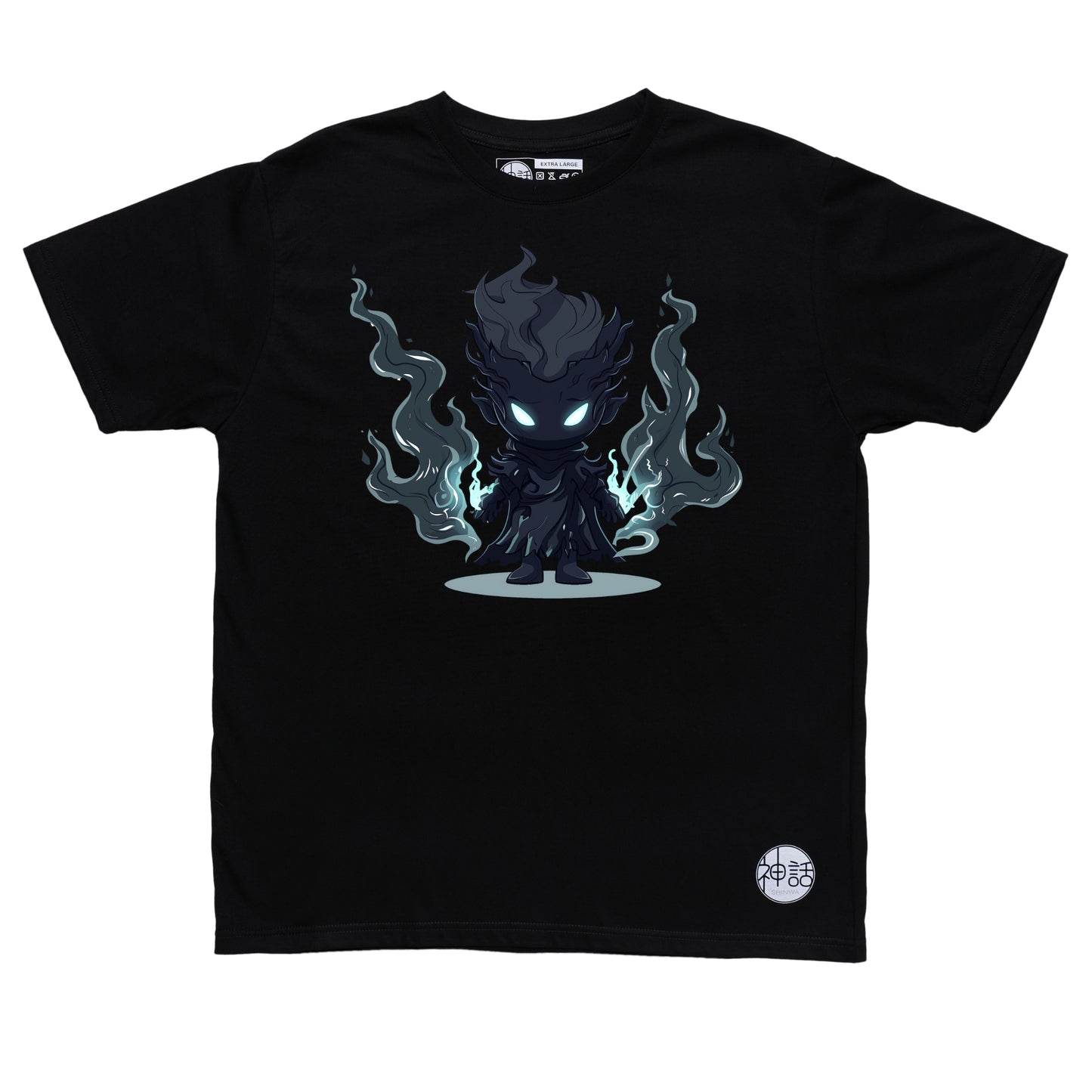chibi hades with black flames on both hands in black t-shirt by Shinwa, streetwear brand from the Philippines