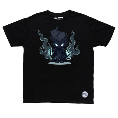 chibi hades with black flames on both hands in black t-shirt by Shinwa, streetwear brand from the Philippines