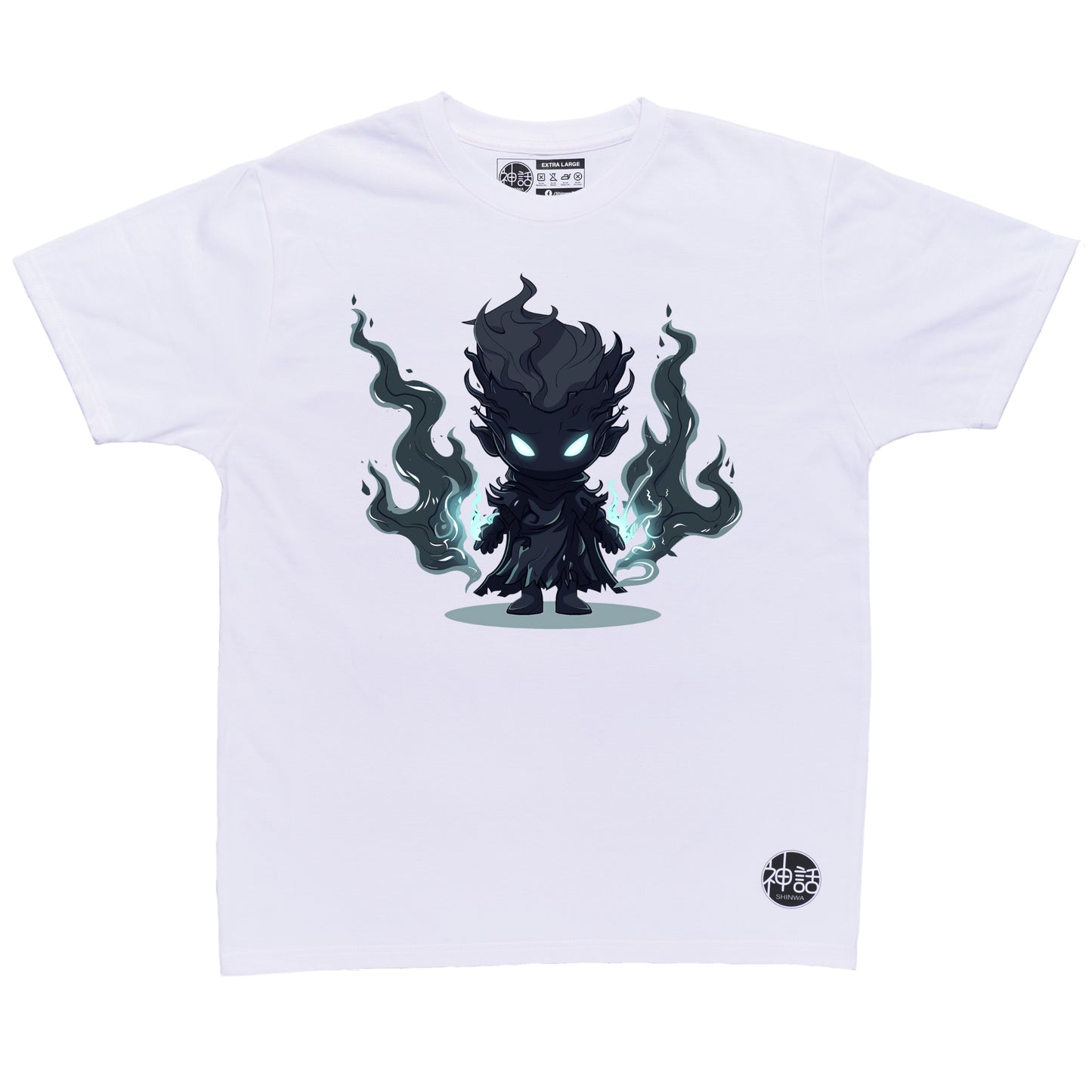 chibi hades with black flames on both hands in white t-shirt by Shinwa, streetwear brand from the Philippines