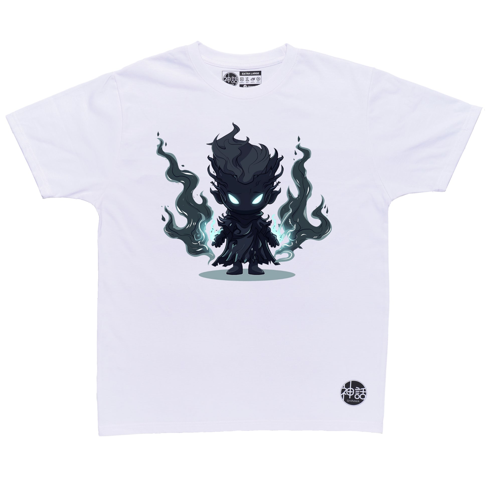chibi hades with black flames on both hands in white t-shirt by Shinwa, streetwear brand from the Philippines