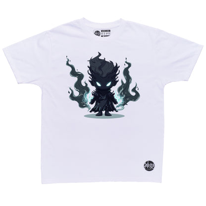 chibi hades with black flames on both hands in white t-shirt by Shinwa, streetwear brand from the Philippines