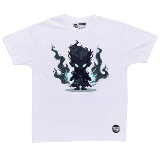 chibi hades with black flames on both hands in white t-shirt by Shinwa, streetwear brand from the Philippines