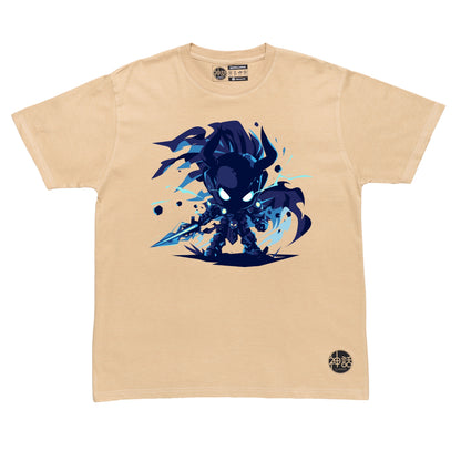 chibi hades holding a sword in beige t-shirt by Shinwa, streetwear brand from the Philippines