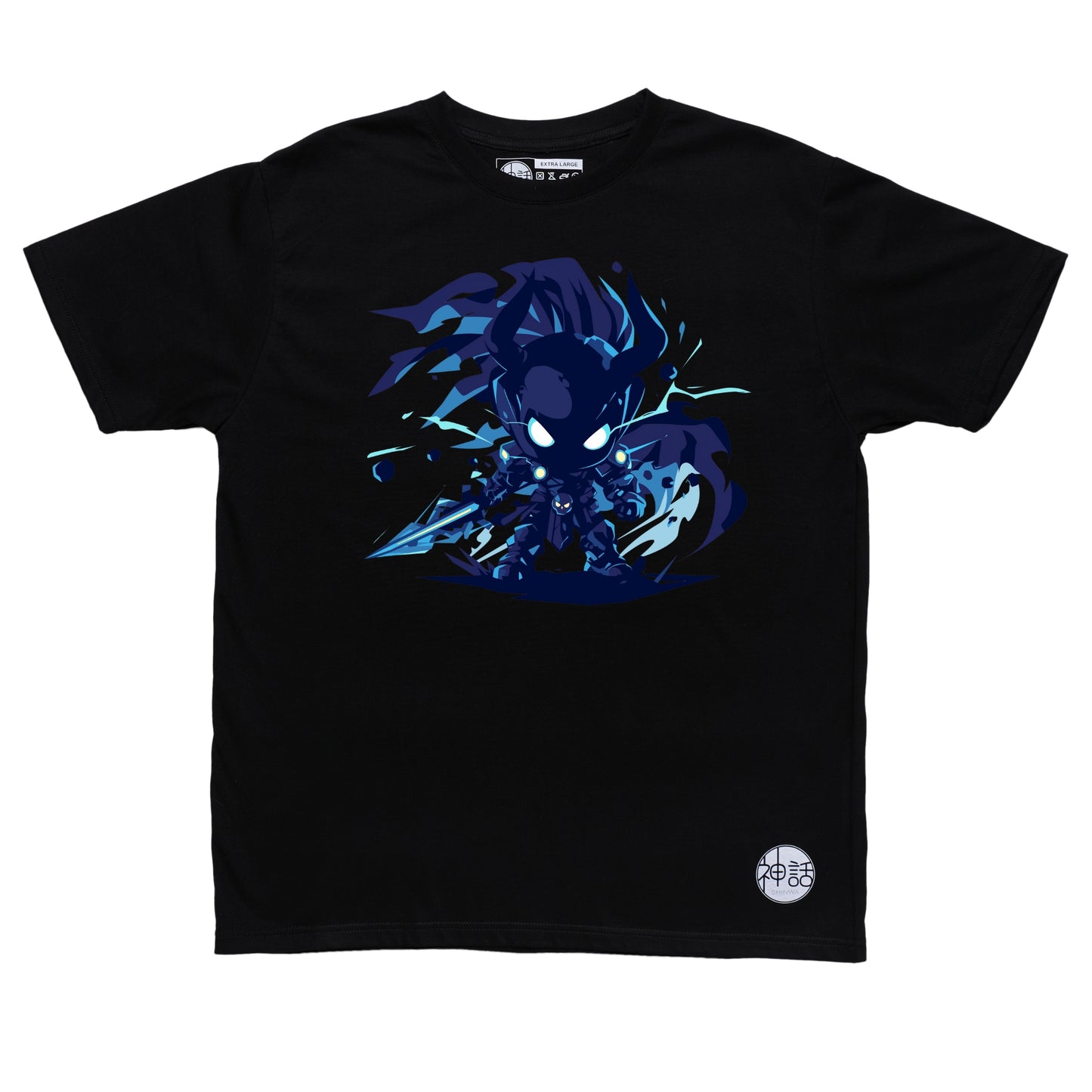 chibi hades holding a sword in black t-shirt by Shinwa, streetwear brand from the Philippines