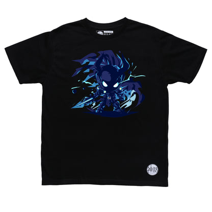 chibi hades holding a sword in black t-shirt by Shinwa, streetwear brand from the Philippines