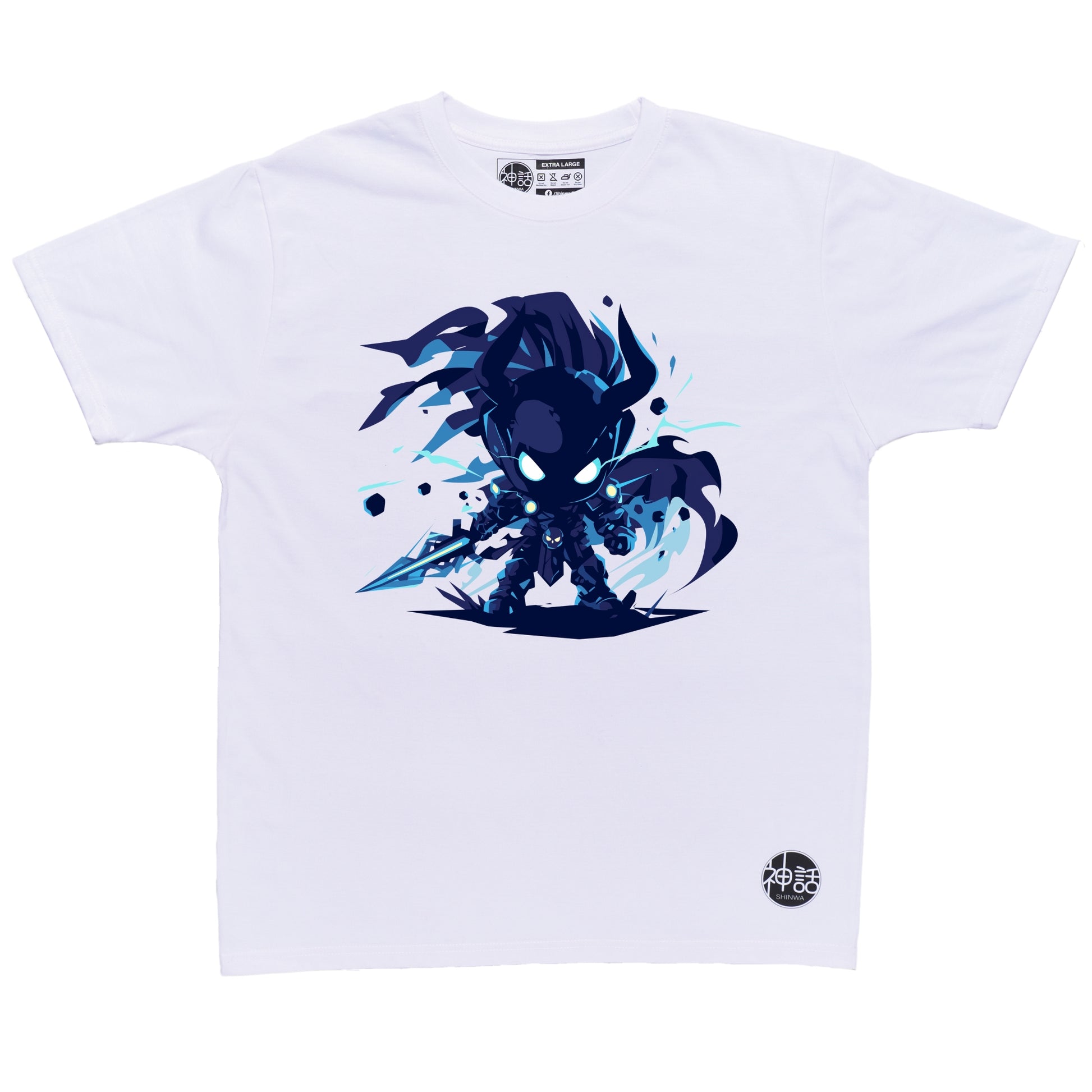 chibi hades holding a sword in white t-shirt by Shinwa, streetwear brand from the Philippines
