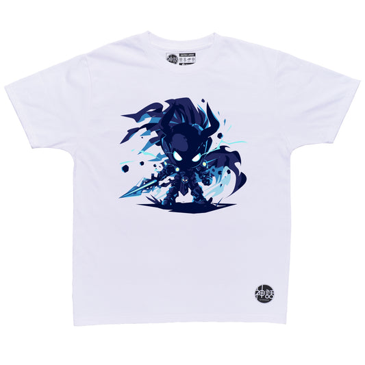 chibi hades holding a sword in white t-shirt by Shinwa, streetwear brand from the Philippines