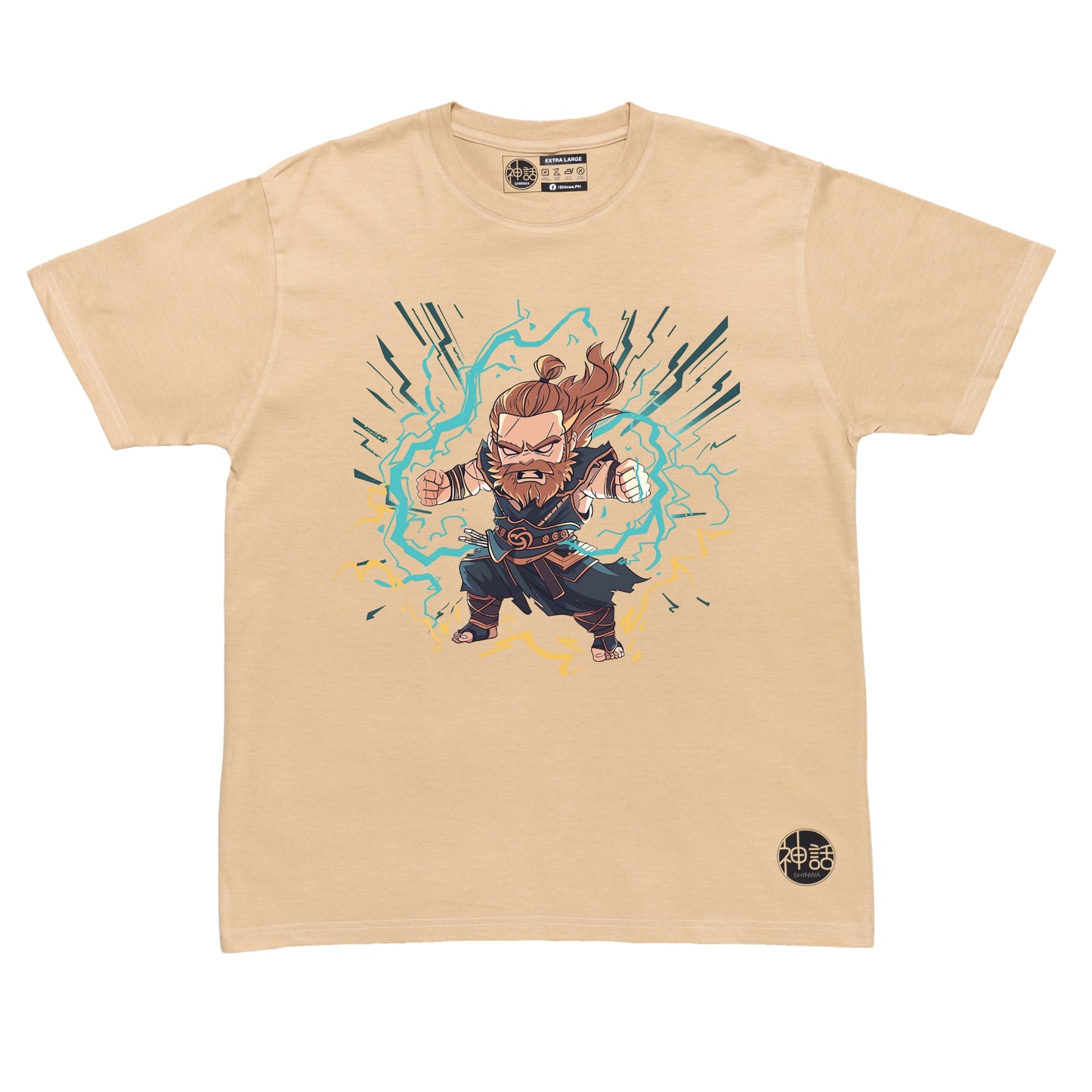 chibi Zeus on warpath with tiny thunderbolt and fierce expression on beige t-shirt by Shinwa, streetwear brand from the Philippines
