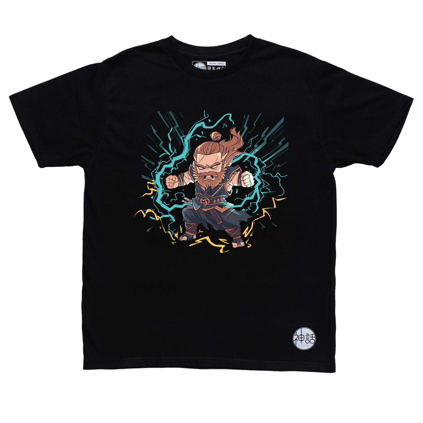 chibi Zeus on warpath with tiny thunderbolt and fierce expression on black t-shirt by Shinwa, streetwear brand from the Philippines