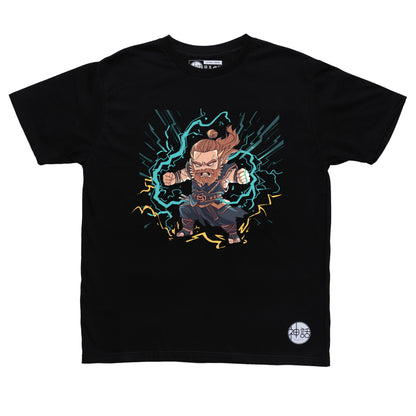 chibi Zeus on warpath with tiny thunderbolt and fierce expression on black t-shirt by Shinwa, streetwear brand from the Philippines