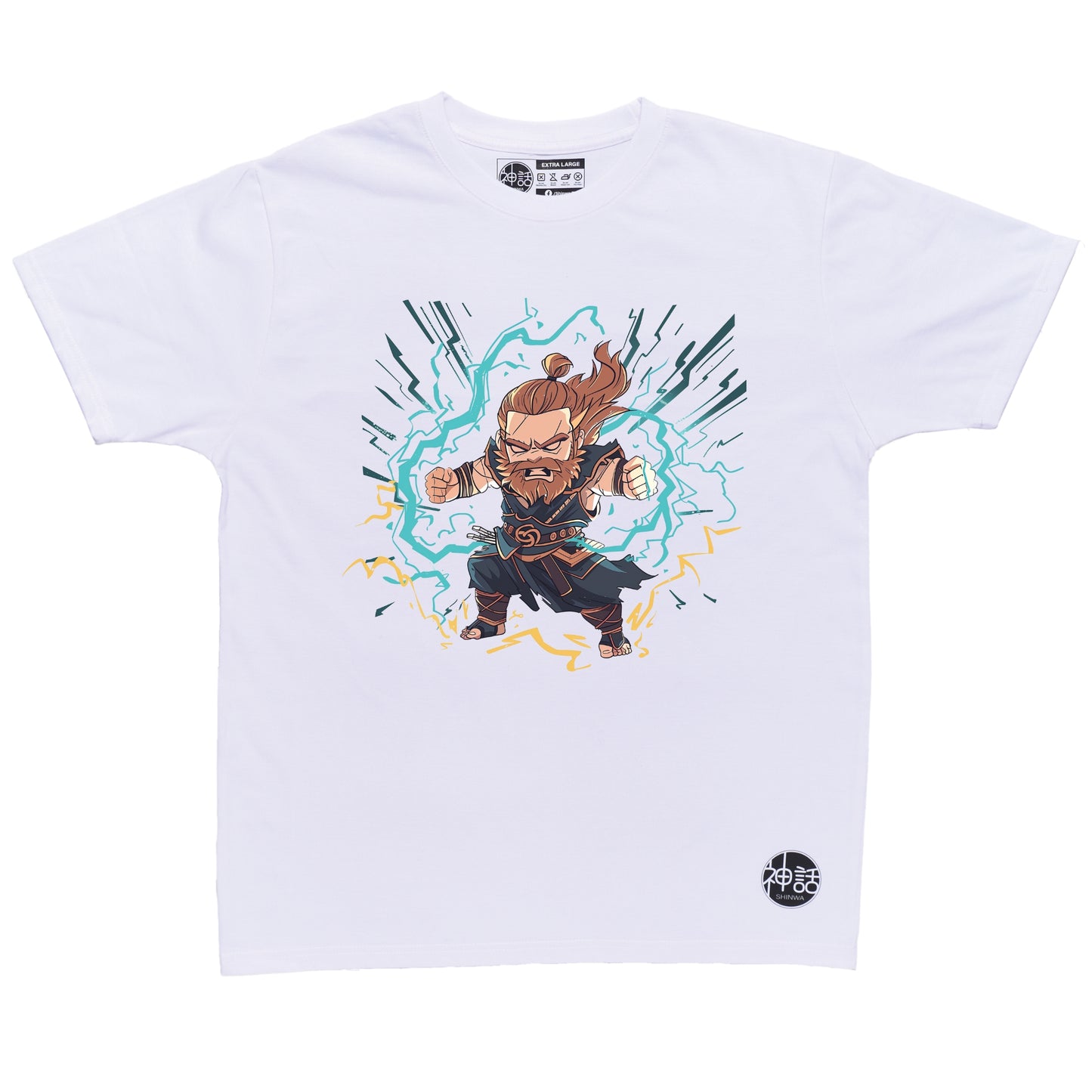 chibi Zeus on warpath with tiny thunderbolt and fierce expression on white t-shirt by Shinwa, streetwear brand from the Philippines