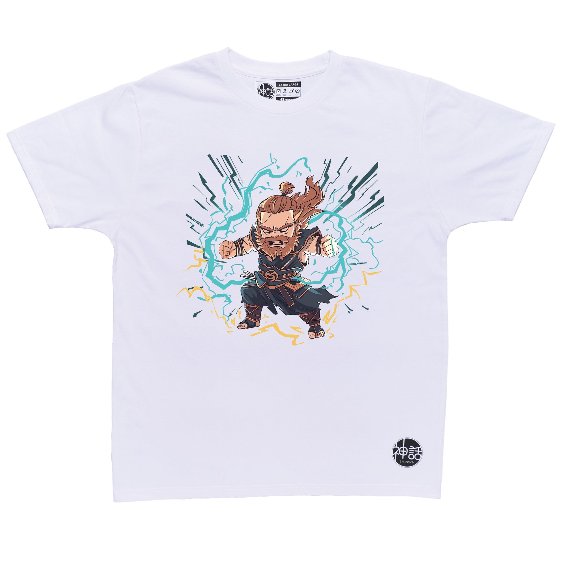 chibi Zeus on warpath with tiny thunderbolt and fierce expression on white t-shirt by Shinwa, streetwear brand from the Philippines