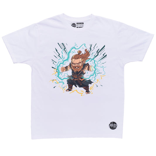 chibi Zeus on warpath with tiny thunderbolt and fierce expression on white t-shirt by Shinwa, streetwear brand from the Philippines