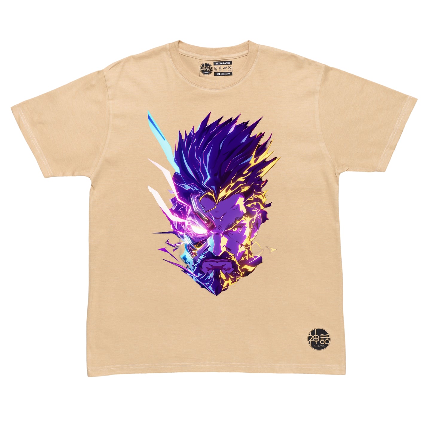 cyberstyle Zeus with neon lightning on beige t-shirt by Shinwa, streetwear brand from the Philippines