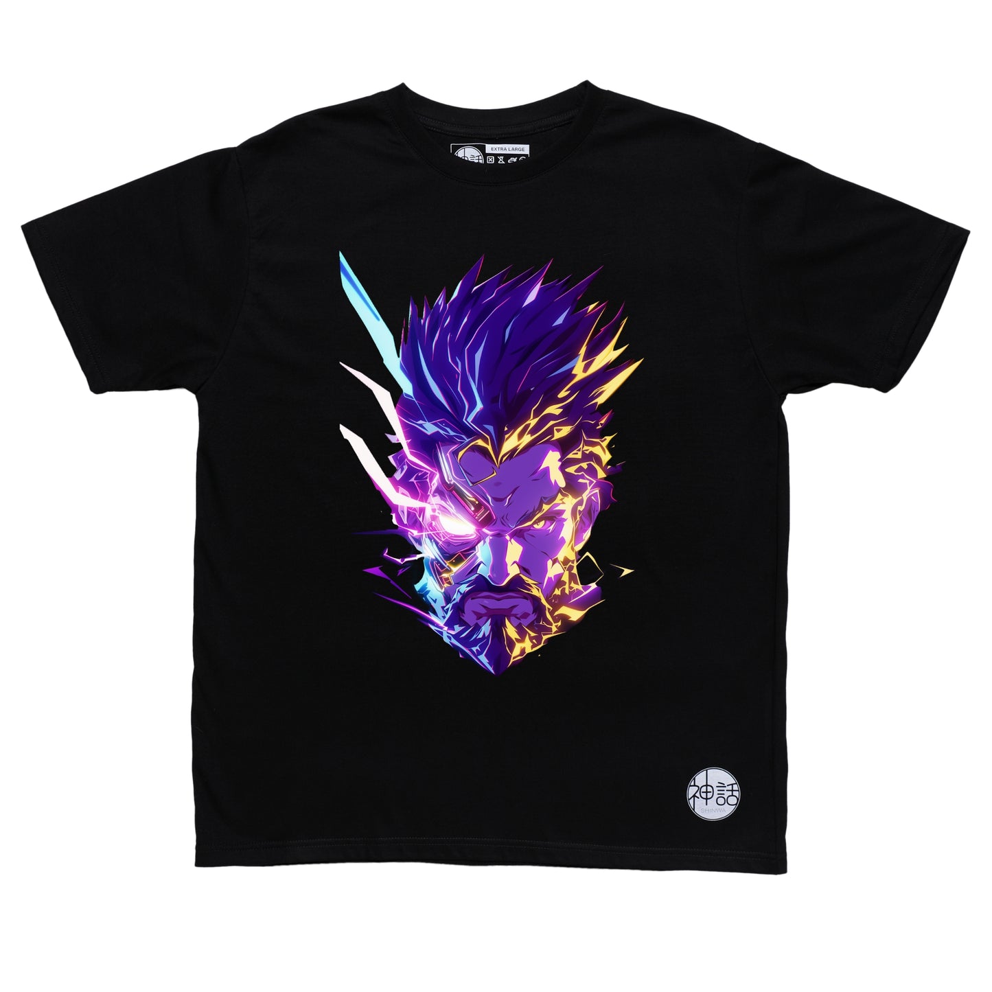 cyberstyle Zeus with neon lightning on black t-shirt by Shinwa, streetwear brand from the Philippines