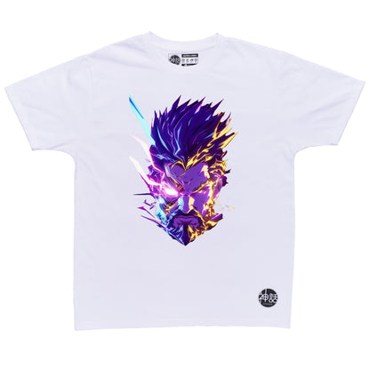cyberstyle Zeus with neon lightning on white t-shirt by Shinwa, streetwear brand from the Philippines