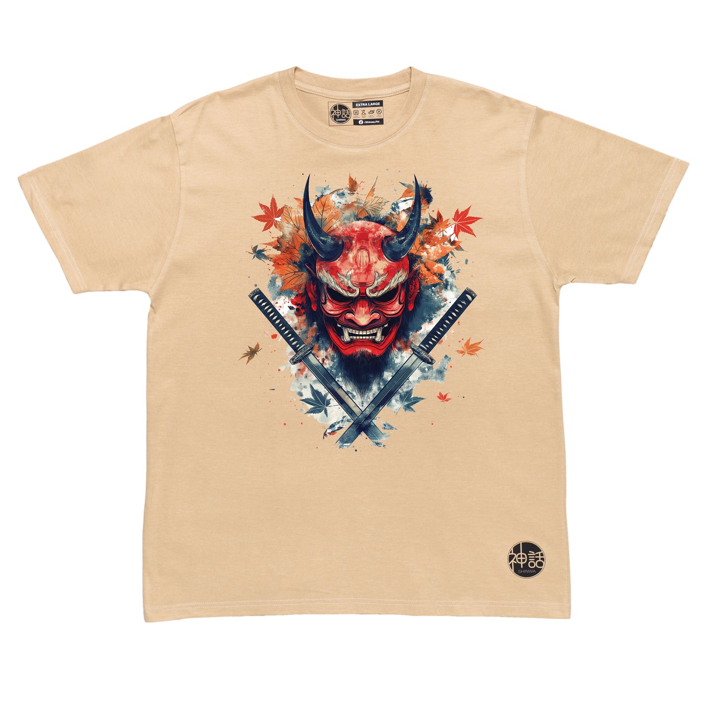 red demon oni mask with black eyes and fangs, crossed swords and autumn leaves on beige t-shirt by Shinwa, streetwear brand from the Philippines