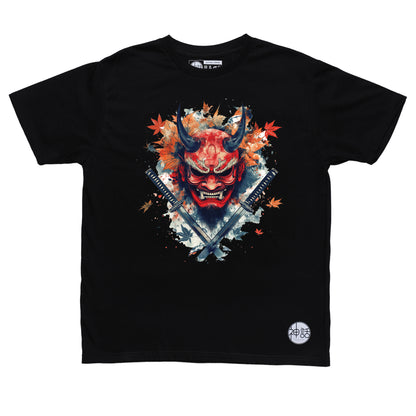 red demon oni mask with black eyes and fangs, crossed swords and autumn leaves on black t-shirt by Shinwa, streetwear brand from the Philippines