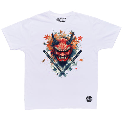 red demon oni mask with black eyes and fangs, crossed swords and autumn leaves on white t-shirt by Shinwa, streetwear brand from the Philippines