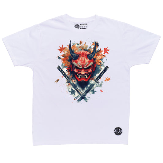 red demon oni mask with black eyes and fangs, crossed swords and autumn leaves on white t-shirt by Shinwa, streetwear brand from the Philippines