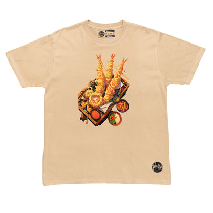 graphic illustration of ebi tempura on beige t-shirt by Shinwa, streetwear brand from the Philippines