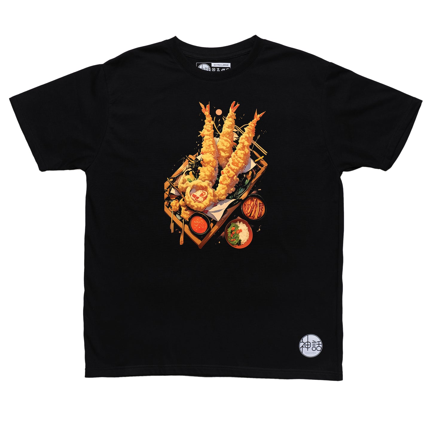 graphic illustration of ebi tempura on black t-shirt by Shinwa, streetwear brand from the Philippines