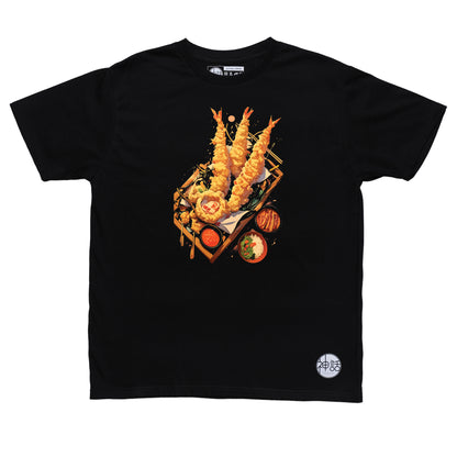 graphic illustration of ebi tempura on black t-shirt by Shinwa, streetwear brand from the Philippines