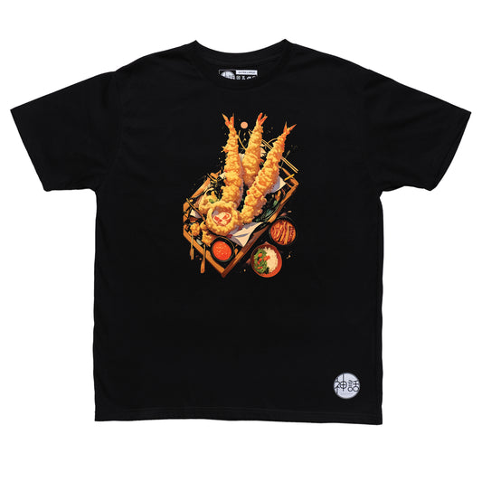graphic illustration of ebi tempura on black t-shirt by Shinwa, streetwear brand from the Philippines