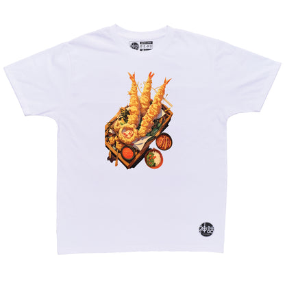 graphic illustration of ebi tempura on white t-shirt by Shinwa, streetwear brand from the Philippines