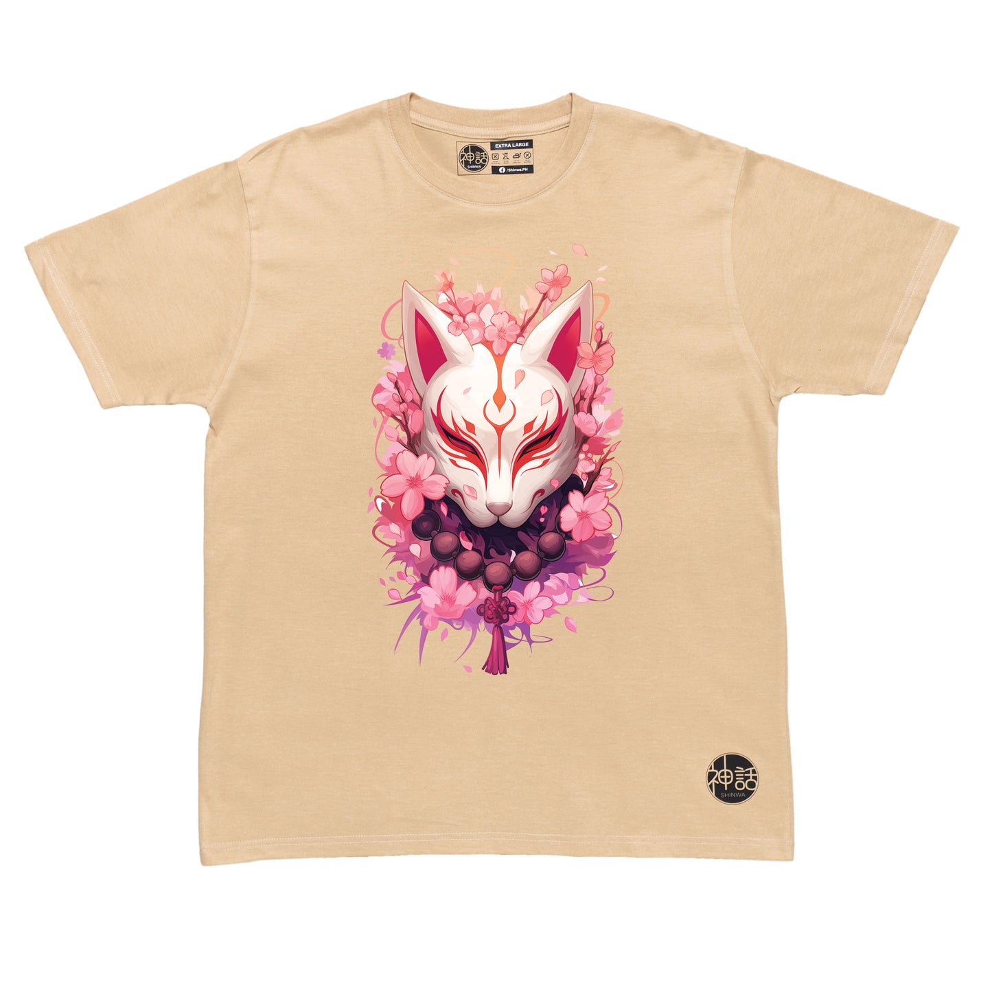 bold kitsune fox mask with cherry blossom background in beige t-shirt by Shinwa, streetwear brand from the Philippines