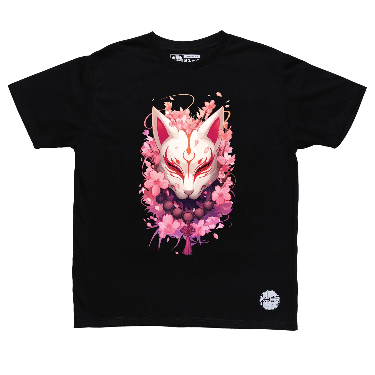 bold kitsune fox mask with cherry blossom background in black t-shirt by Shinwa, streetwear brand from the Philippines