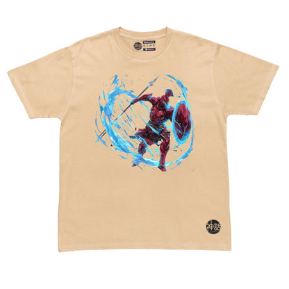 fiery Ares avatar with blazing aura and crimson highlights on beige t-shirt by Shinwa, streetwear brand from the Philippines