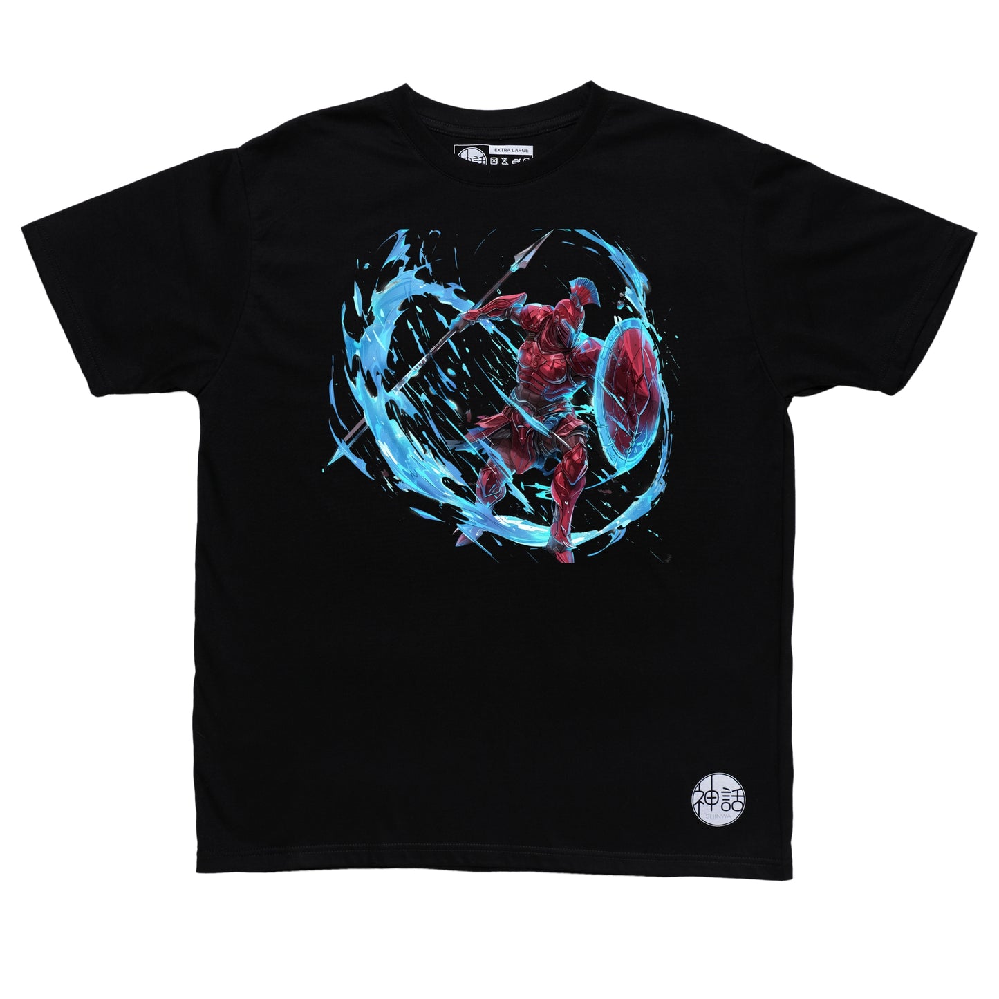 fiery Ares avatar with blazing aura and crimson highlights on black t-shirt by Shinwa, streetwear brand from the Philippines