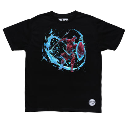 fiery Ares avatar with blazing aura and crimson highlights on black t-shirt by Shinwa, streetwear brand from the Philippines