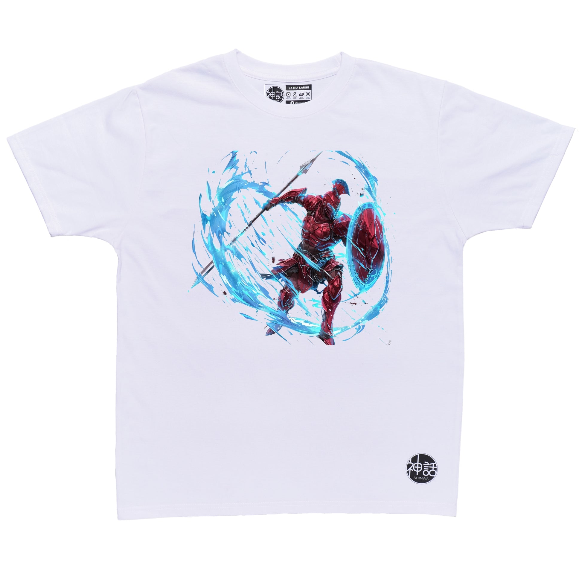 fiery Ares avatar with blazing aura and crimson highlights on white t-shirt by Shinwa, streetwear brand from the Philippines