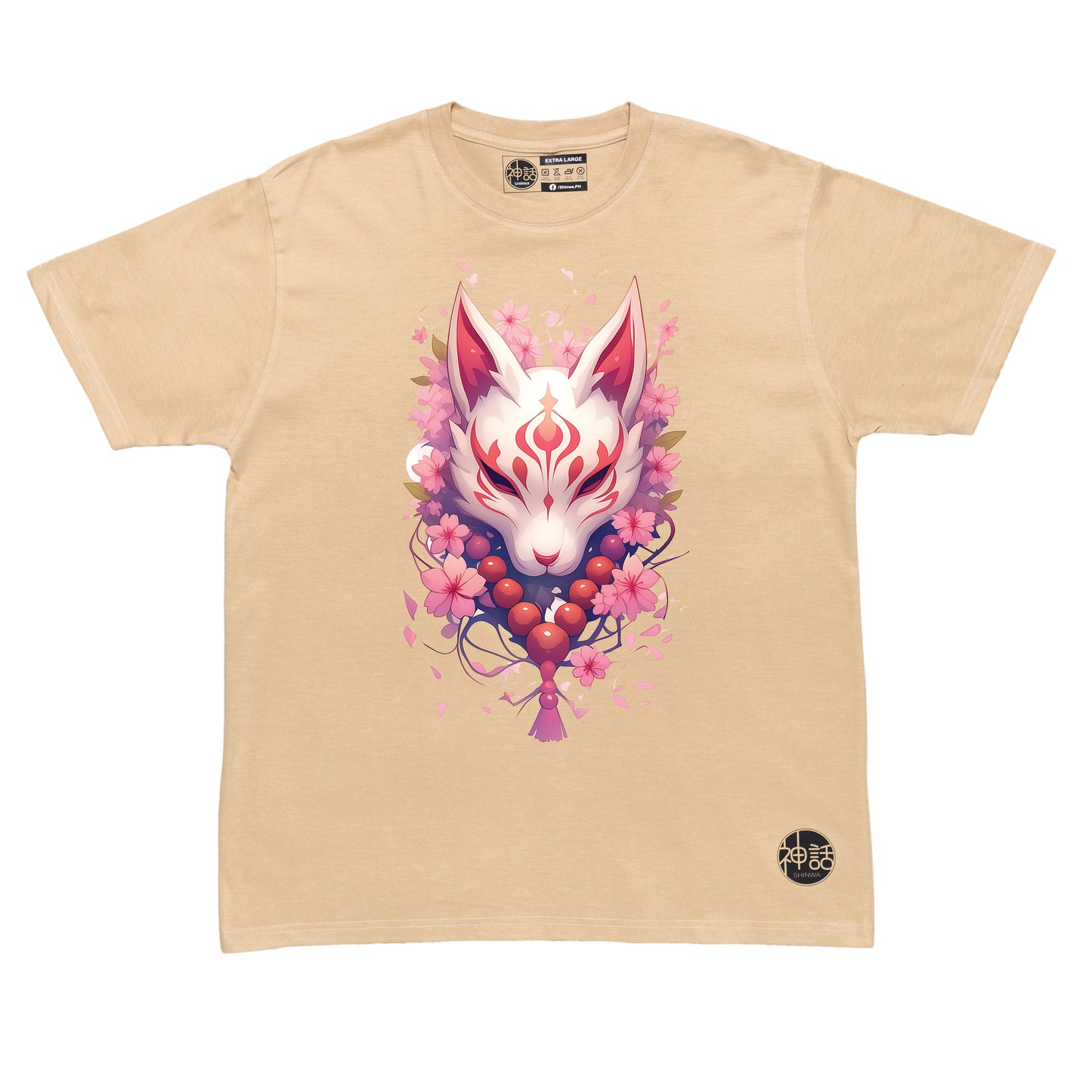 light-colored kitsune fox mask with cherry blossom background in beige t-shirt by Shinwa, streetwear brand from the Philippines