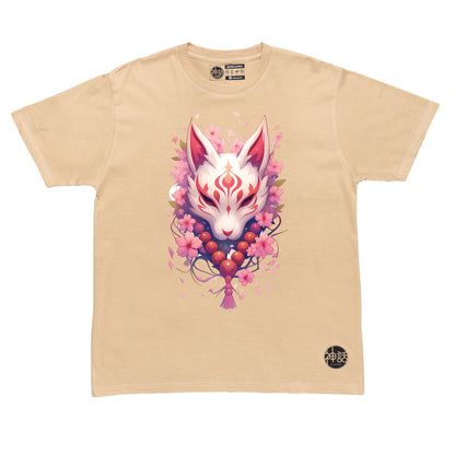 light-colored kitsune fox mask with cherry blossom background in beige t-shirt by Shinwa, streetwear brand from the Philippines