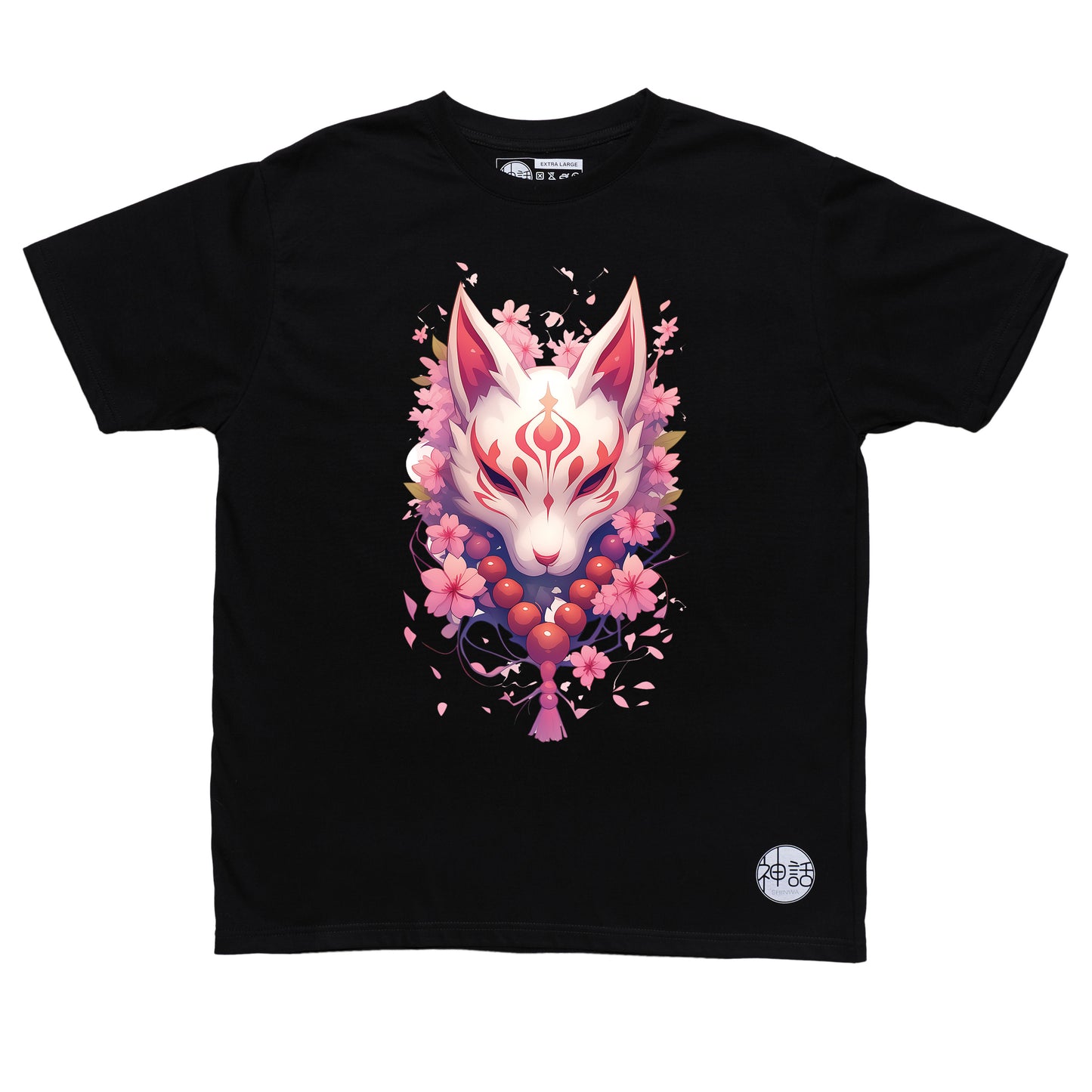 light-colored kitsune fox mask with cherry blossom background in black t-shirt by Shinwa, streetwear brand from the Philippines