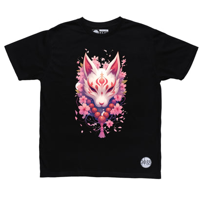 light-colored kitsune fox mask with cherry blossom background in black t-shirt by Shinwa, streetwear brand from the Philippines