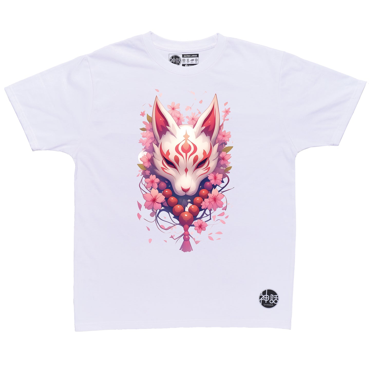 light-colored kitsune fox mask with cherry blossom background in white t-shirt by Shinwa, streetwear brand from the Philippines