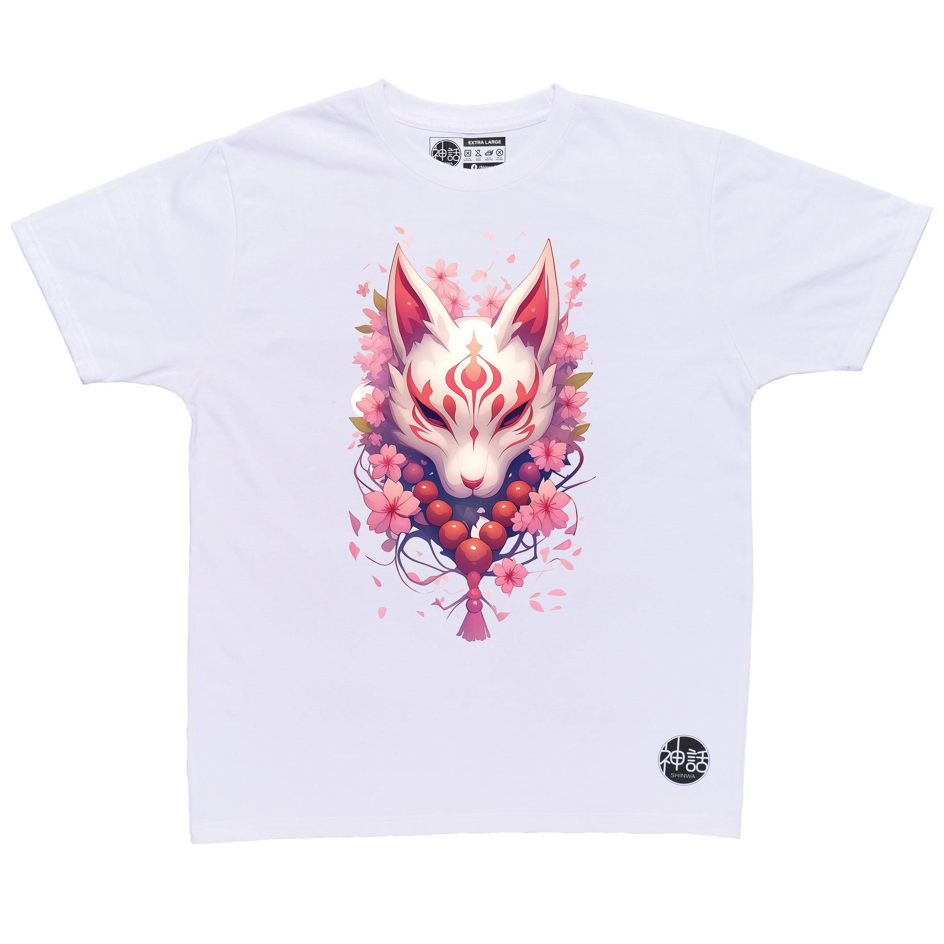 light-colored kitsune fox mask with cherry blossom background in white t-shirt by Shinwa, streetwear brand from the Philippines
