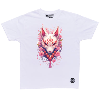 light-colored kitsune fox mask with cherry blossom background in white t-shirt by Shinwa, streetwear brand from the Philippines