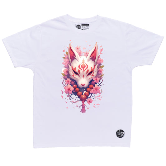 light-colored kitsune fox mask with cherry blossom background in white t-shirt by Shinwa, streetwear brand from the Philippines