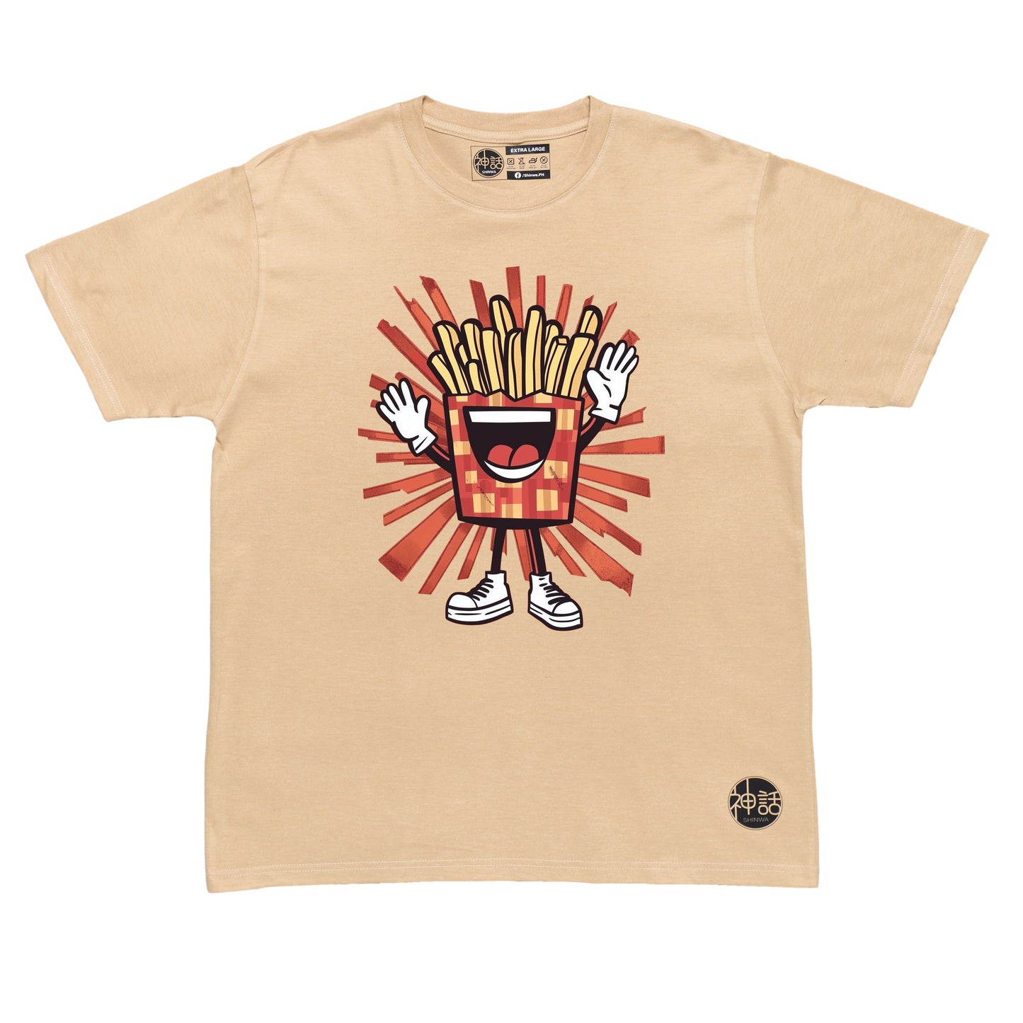 french fries graphic in beige t-shirt by Shinwa, streetwear brand from the Philippines