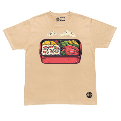 stylized Fuji bento box design on beige t-shirt by Shinwa, streetwear brand from the Philippines