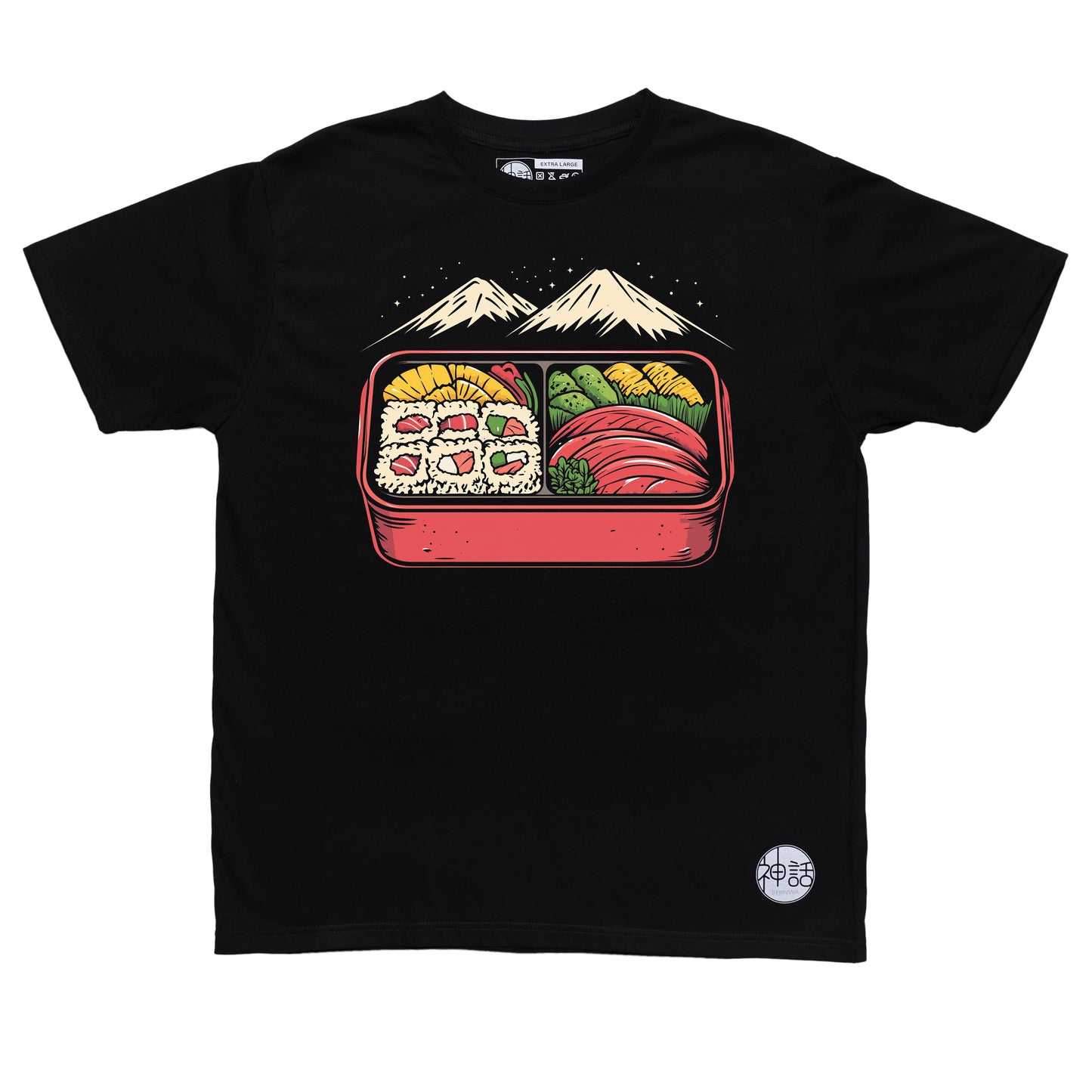 stylized Fuji bento box design on black t-shirt by Shinwa, streetwear brand from the Philippines