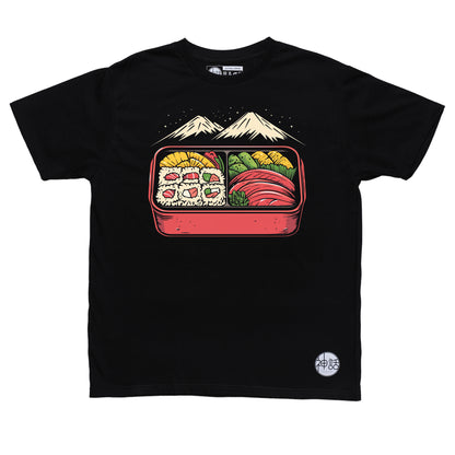 stylized Fuji bento box design on black t-shirt by Shinwa, streetwear brand from the Philippines