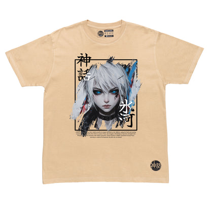 white-haired, blue-eyed anime girl with ice powers in beige t-shirt by Shinwa, streetwear brand from the Philippines